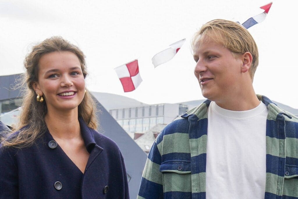 Wedding of Princess Märtha Louise and Durek Verrett Alesund 20240830. Prince Sverre Magnus, with an unknown friend, arri