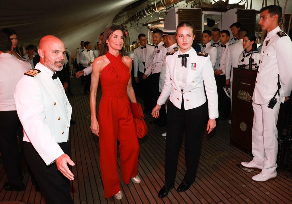 Queen Letizia of Spain and Crown Princess Leonor attends a reception on board of the Juan Sebastian de Elcano